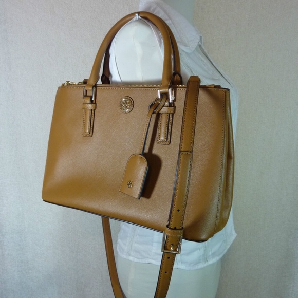 NEW Tory Burch Robinson Mini Double-Zip Tigers Eye Tan Leather Tote Bag/Satchel - Picture 9 of 14